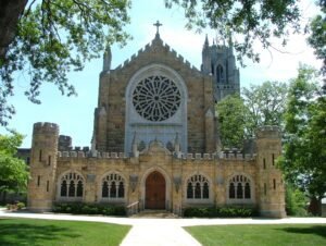 All Saints' Chapel at the University of the South in Sewanee, Tennessee, with its rose window and stone towers