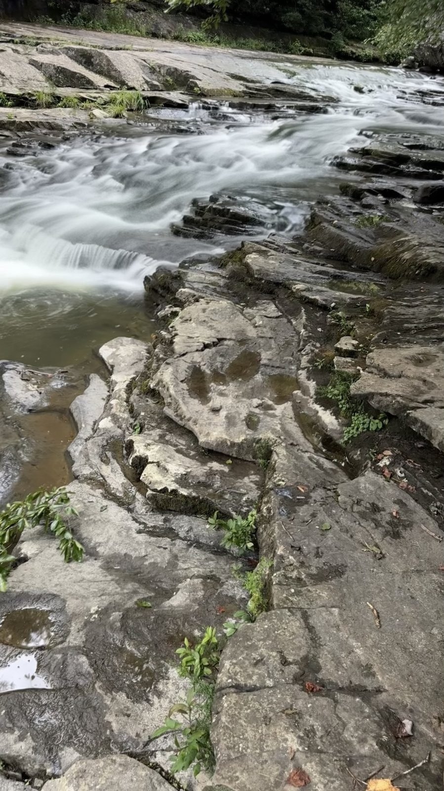 Water cascading over layered sandstone on the creek near Greeter Falls, Tennessee